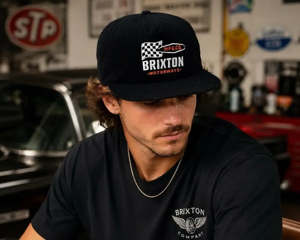 Brixton Hat Mens One Size Black Motorways MP Snapback Corduroy Racing NWT